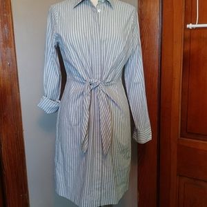 CALVIN KLEIN WOMENS STRIPED TIE-WAIST SHIRT DRESS.